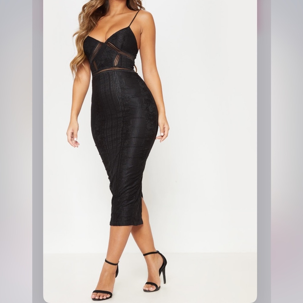 PrettyLittleThing Black Lace Mesh Stripe Insert Midi Dress